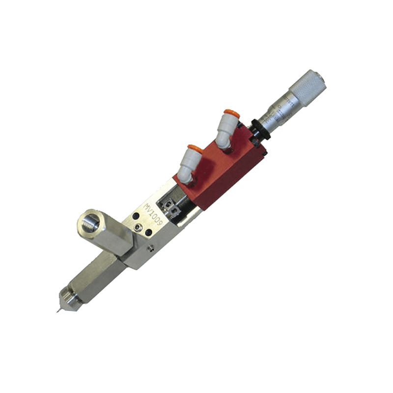 MV250 Positive Displacement Dispense Valve with Micro Dispense Nozzel Outlet product shot on white background