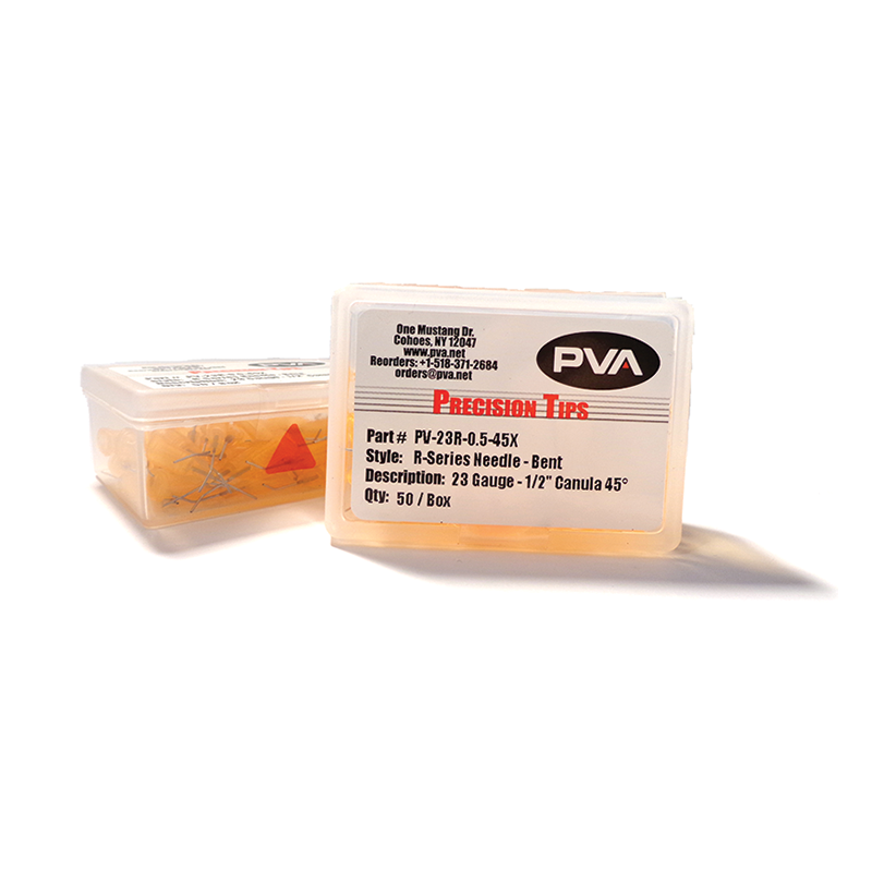 R Series Dispense Needles 45 Bend Plastic Hub with Stainless Steel Canula on white background